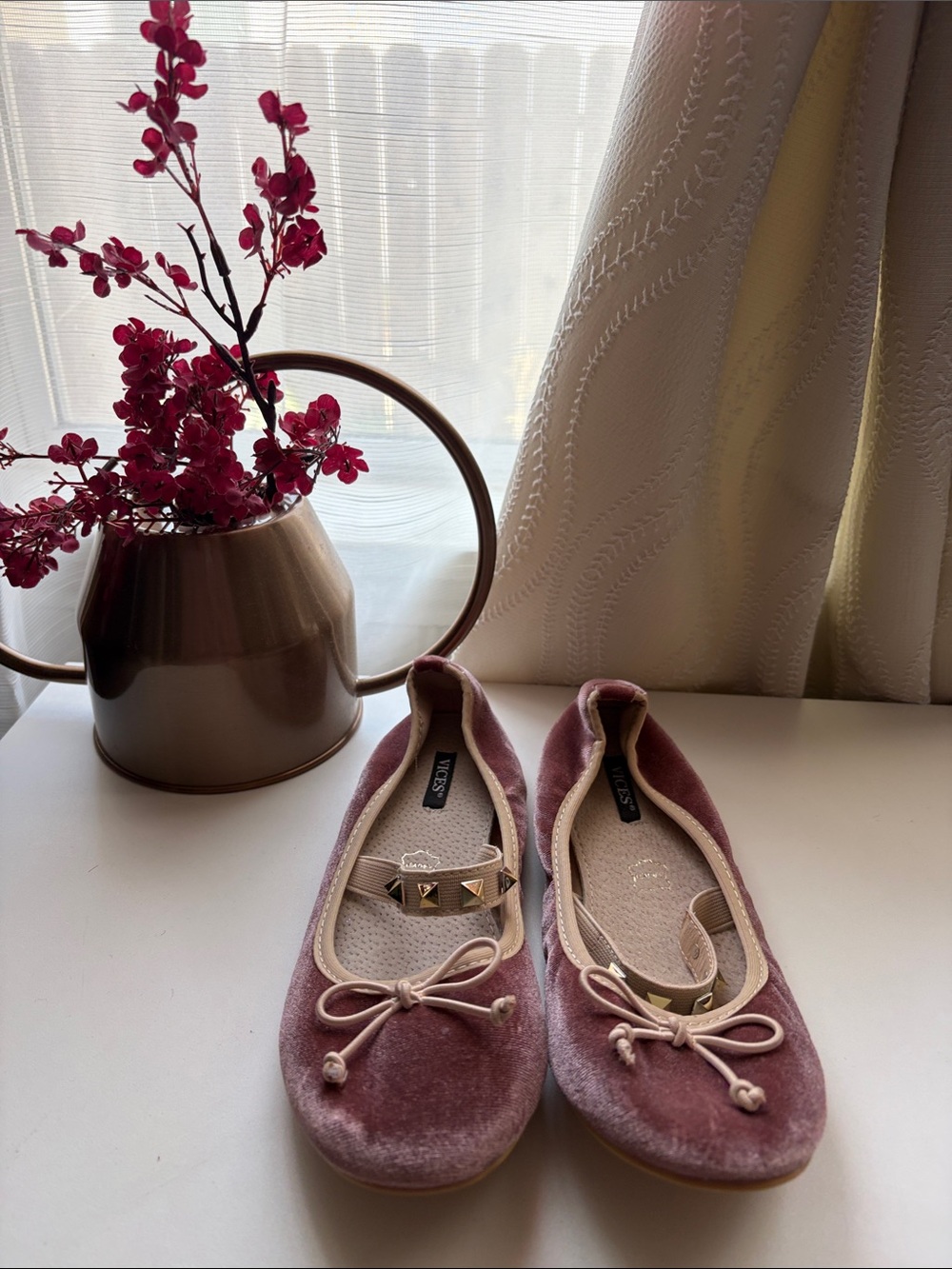 Women’s Velvet Ballet Flats in Dusty Rose with Gold Accent